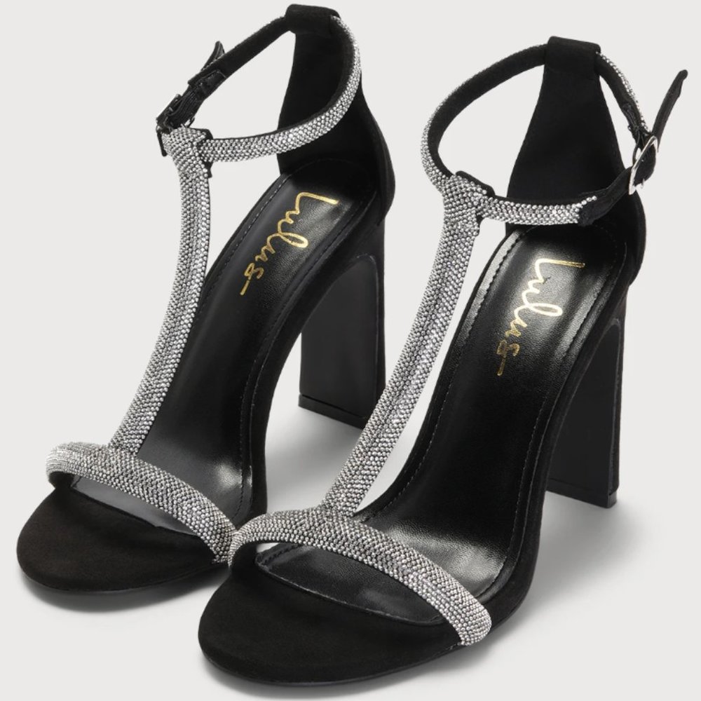 Black Suede Rhinestone High Heels